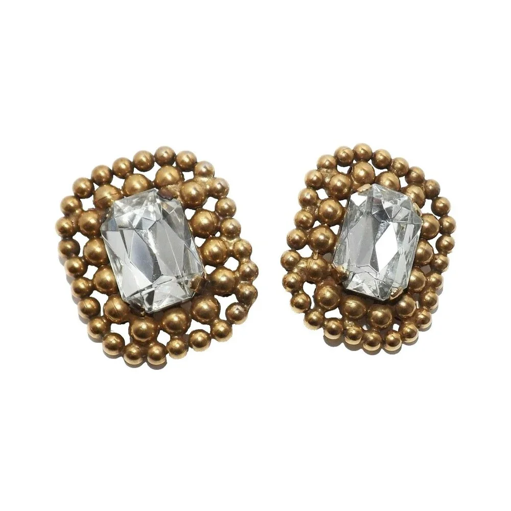 Vintage 80s Earrings Facet Stone Mogul Chunky Statement Clip On Gold tone
